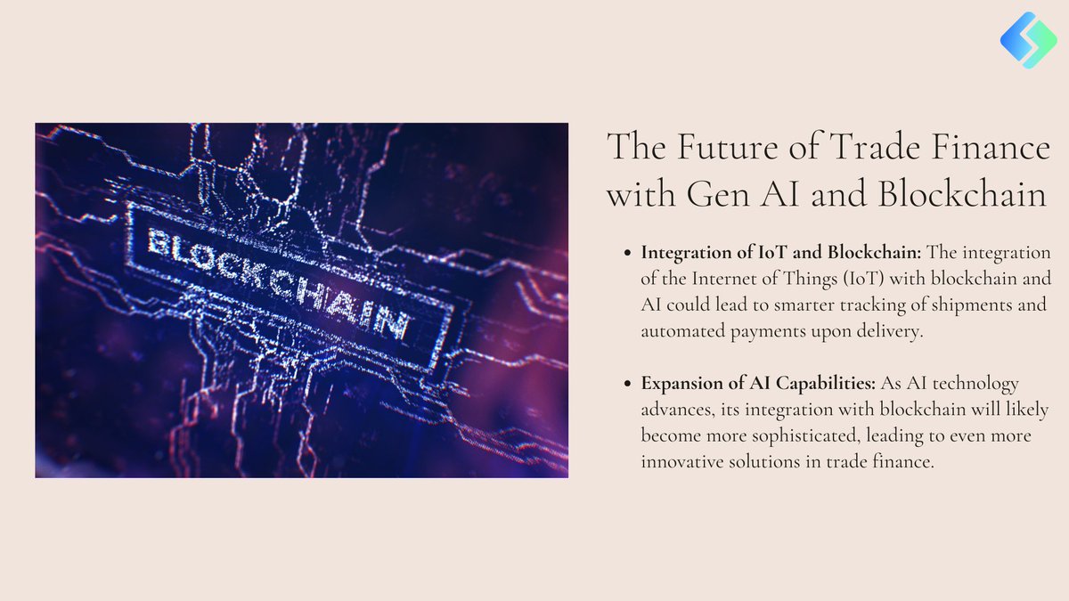 simplyfitech's tweet photo. AI and blockchain are shaking up trade finance! This dream team promises faster, safer, and more transparent transactions for businesses worldwide. Get ready for a revolution!

#AI #GenAI #Blockchain #TradeFinance #SimplyFi #Innovation #Technology #Automation https://t.co/xqOMyx0BJd