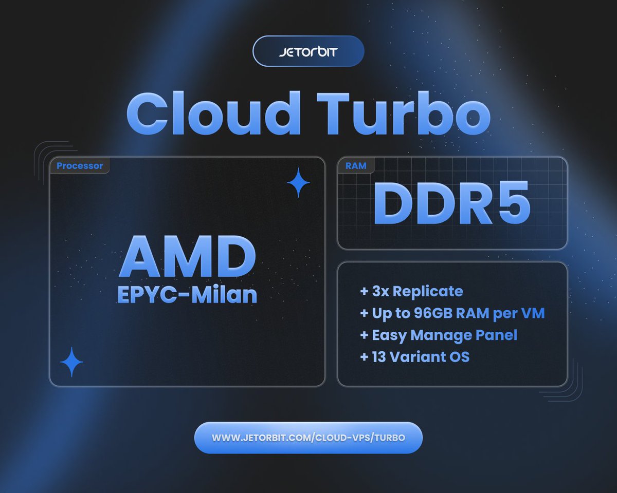 Jetorbithost's tweet image. Yuk nikmati CPU cengan kecepatan 3-4GHz tanpa kompromi resource!!

Cloud VPS High Frequency dengan 100% NVMe, 3x Replikasi, dan Scalable!!

jetorbit.com/cloud-vps/turbo

#cloud #vps #cloudvps #turbo #NVMe #Imunify #Cloudlinux #Jetbackup #jetorbit #domain #hosting