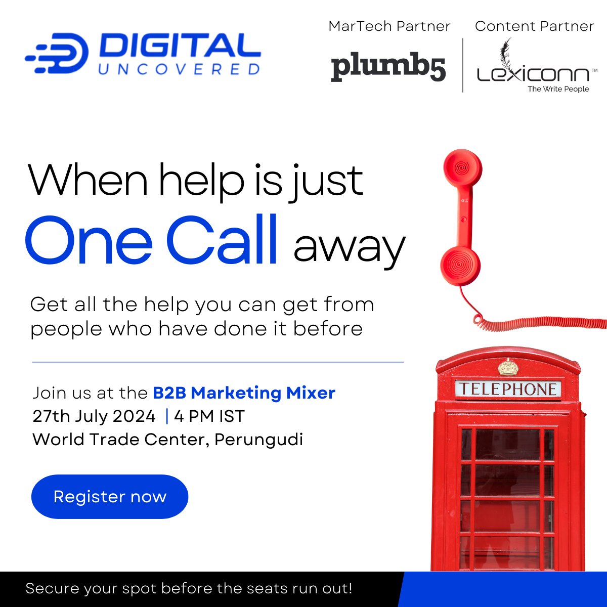 DigiUncovered's tweet image. If only you had a sounding board for your B2B marketing challenges. But what if you did? Join us for the inaugural B2B Marketing Mixer in Chennai at Kissflow Office, World Trade Center, Perungudi, Chennai, on 27 July 2024. Register now! bit.ly/chennai-b2b-mi… #B2Bmarketing