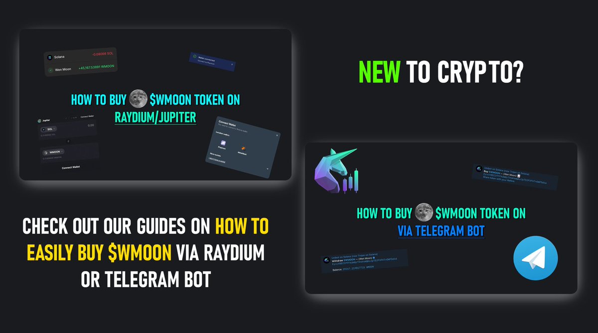 We noticed that a lot of newbies face the problem not understanding how to buy $WMOON.

So we prepared special guides for this case:

How to BUY on Telegram: medium.com/@Wen_Moon_Sola…

How to BUY on Raydium/Jupiter: medium.com/@Wen_Moon_Sola…