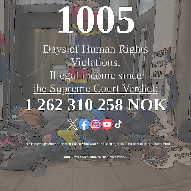 1005 days and counting!
<a href="/Statkraft/">Statkraft</a>, let Fosen be the ground where corporate responsibility meets human rights and justice. #ESG #Fosen #CorporateResponsibility #JusticeOverMoney
bit.ly/spcfosen
bit.ly/fosenticker