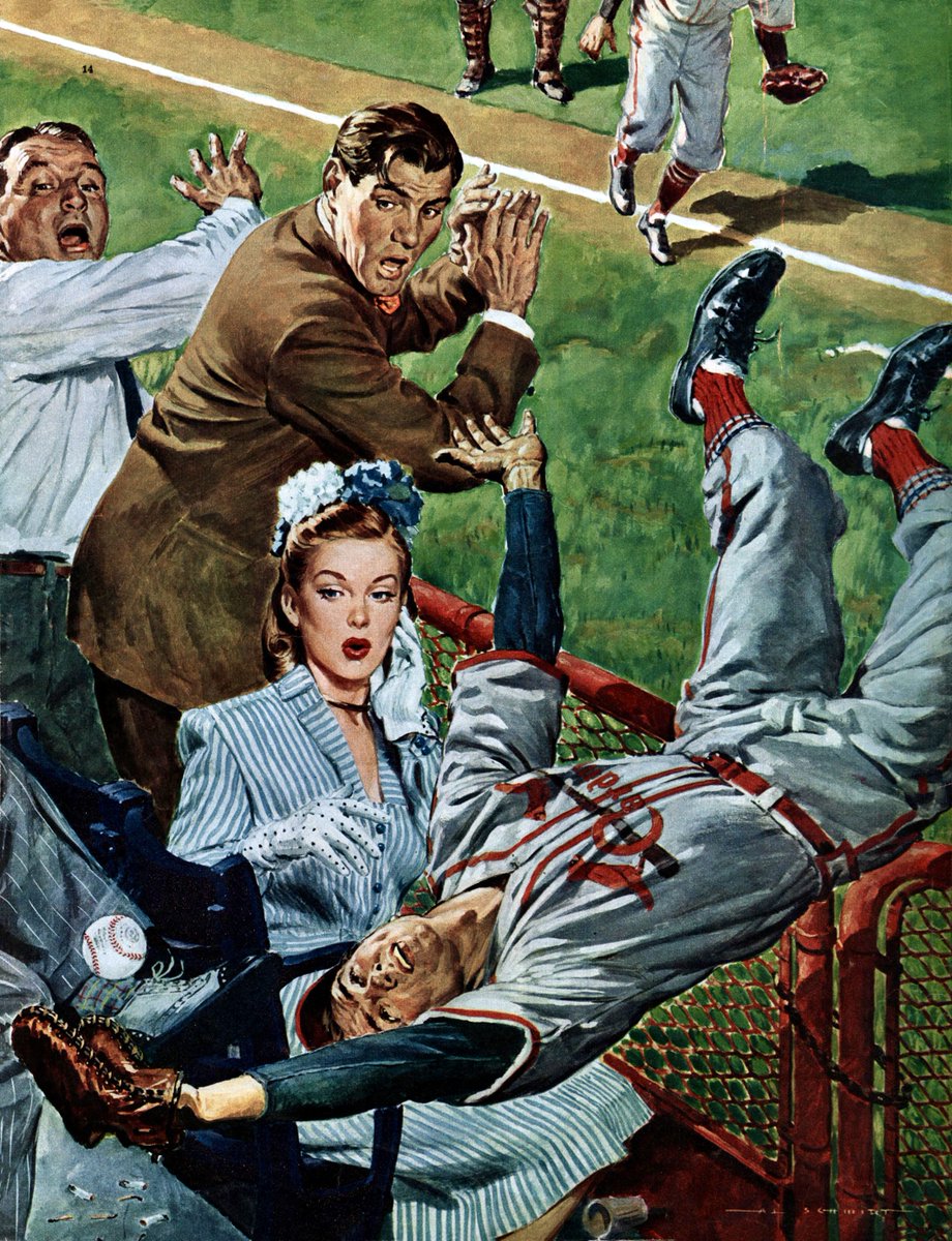 LRonLacy's tweet photo. #OTD in 1947
👇🧵
‘Mabel lets out a yell – there’s a smack when the ball hits a glove – a lucky catch – and Bud Simmons is lying in Mabel’s lap. The crowd is screaming’
Illustration by Al Schmidt (1883-1970) for ➡️
#illustrationart #illustrationartists #AlbertSchmidt #AlSchmidt https://t.co/q8gv2MHWIS