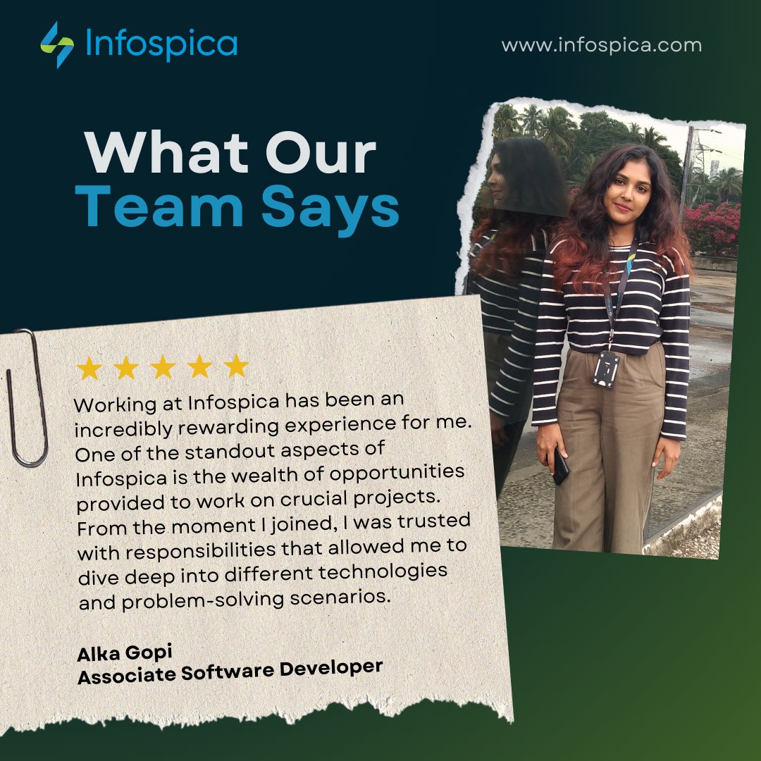 infospica's tweet image. Introducing Alka, an Associate Software Developer from Kerala. She recently shared her work experience.
Are you interested in working and developing with us and our team members like Alka?
 
Explore opportunities: infospica.com/careers/

#employee #feedbackpost #worklife