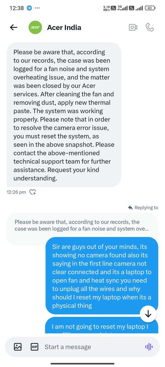 GauravRitra's tweet photo. @Acer_India can anyone show me how this error message means resetting the laptop. My data is imp I am not resetting laptop because you guys are not able to service a laptop properly. someone can please explain these guys when you remove heat sync all the wires get disconnected https://t.co/r9gXOHfCXe