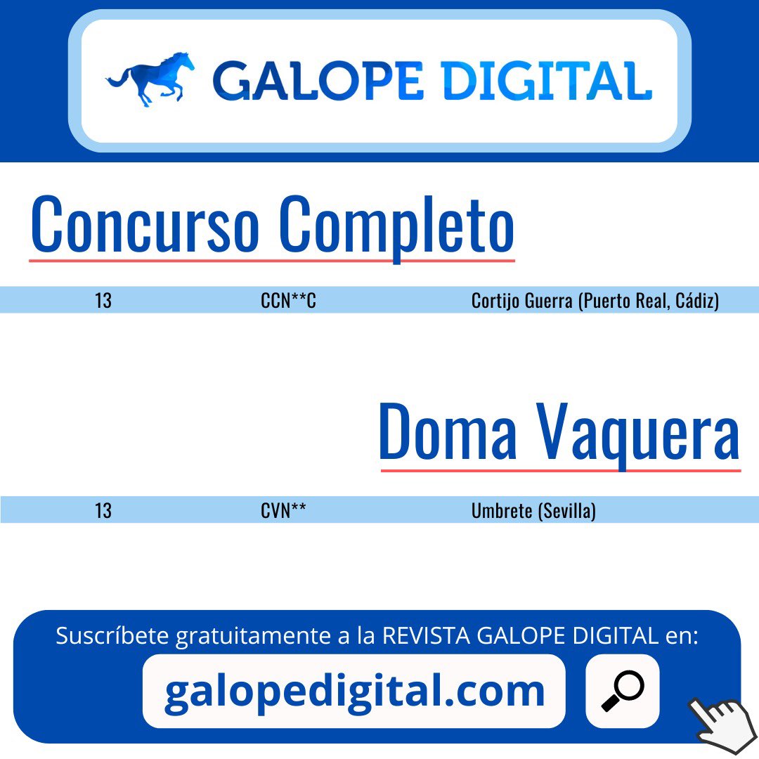 🗓️ Calendario de concursos de este fin de semana (12-14 de julio) de las distintas disciplinas.
Guárdalo para que puedas consultarlo cuando quieras.
Para este contenido y toda la información y actualidad, suscríbete YA a la Revista Galope Digital en galopedigital.com 🐎
