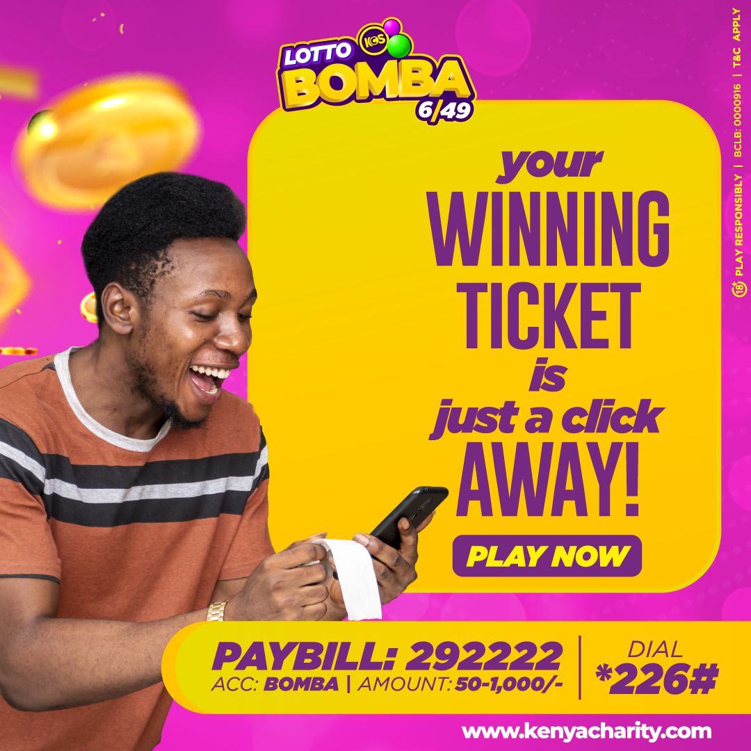 Angukia chapaa na Kenya Charity Sweepstake !
Up to 25 MILLION tonight at 9PM on the Daily BOMBA draw! MPESA 100 PAYBILL 292222 ACC: BOMBA. Win X25,000 your stake. Play now! Unangoja nini?
#DareToBeAMillionaire #BeAWinner  #WeMakeWinnersEveryday #FridayVibes