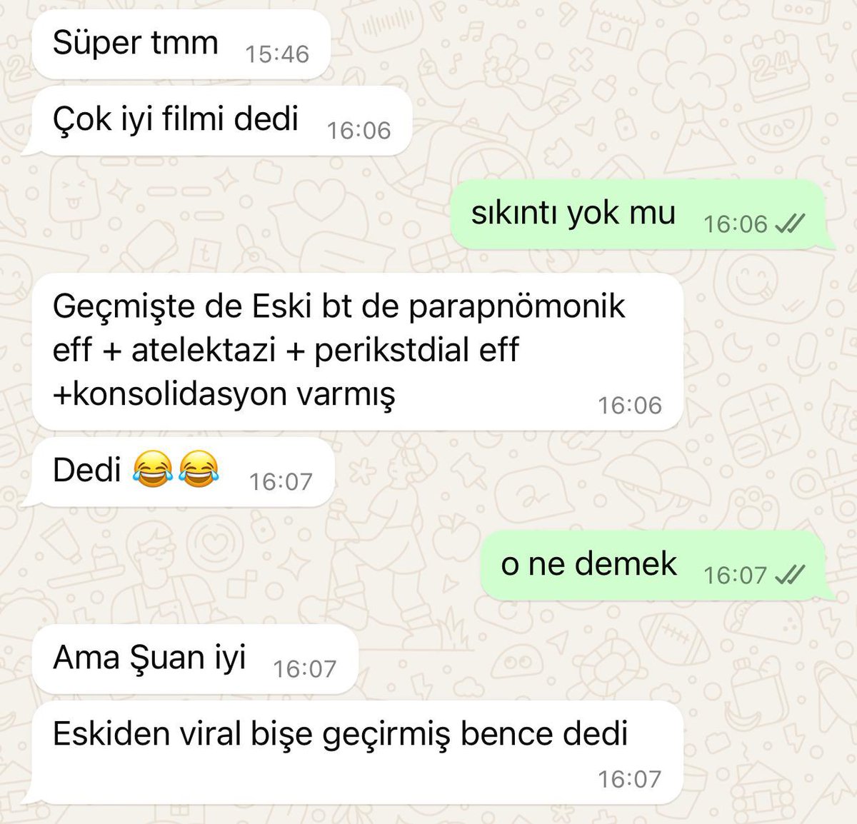 Okumuş kadın, geçmişte ciğerlerini sikmişler diyemedi, parapnömonik eff, atelektazi, perikstdial eff, konsolidasyon var dedi. 😅