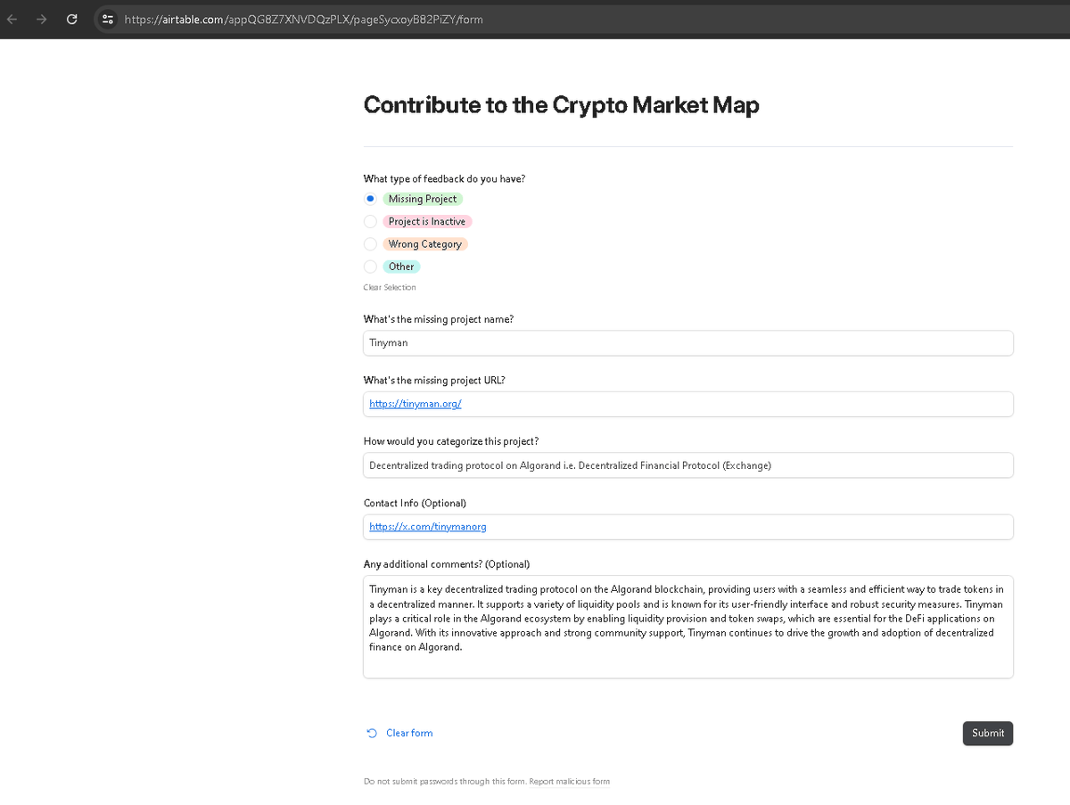 algotables's tweet image. Hey #AlgoFam! 🚀 Showcase @Algorand &apos;s amazing projects on the Crypto Market Map by @ElectricCapital. I added @tinymanorg—it’s easy! 🌟

Add missing projects here: airtable.com/appQG8Z7XNVDQz…

Learn more: x.com/MariaShen/stat…

#FixTheData #AlgoDevs #Algorand $ALGO
