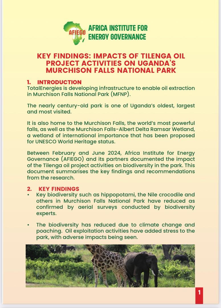 AfiegoUg's tweet photo. 🚨ALERT: AFIEGO has released a must-read research brief. Titled 'Murchison Falls National Park is dying', the first of its kind brief documents the grave impacts of the Tilenga oil project activities on wildlife in Murchison Falls national park.
Read: https://t.co/3guG1tjTzy https://t.co/wULKq8v4kt