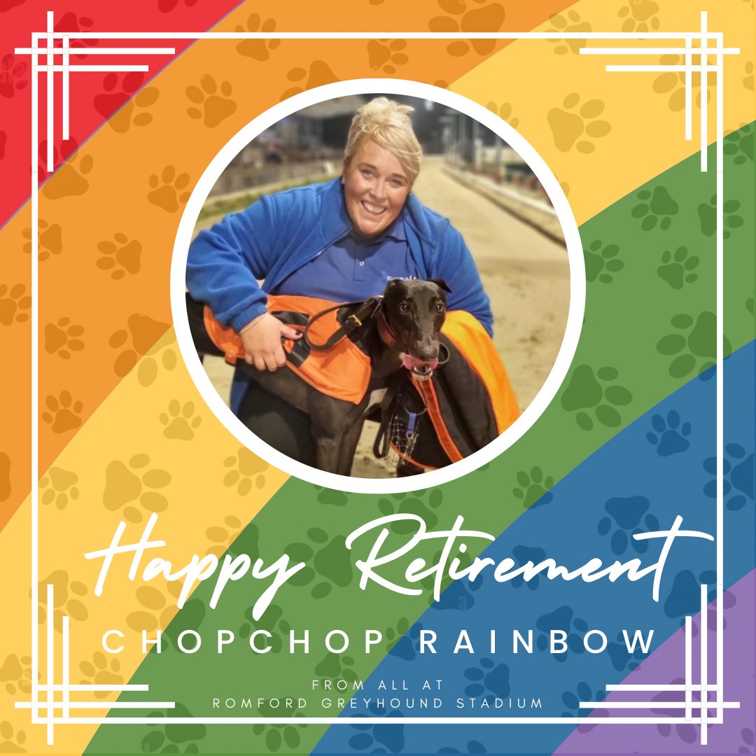 RomfordDogs's tweet image. Tonight we applaud the career of Romford Stadium’s 225m track record holder Chopchop Rainbow as she runs her last race for Gemma Evans and the Chopchop Syndicate before hanging up her racing jacket✨

A sweet, excitable lady who loves her racing (as well as human attention🫣), we…