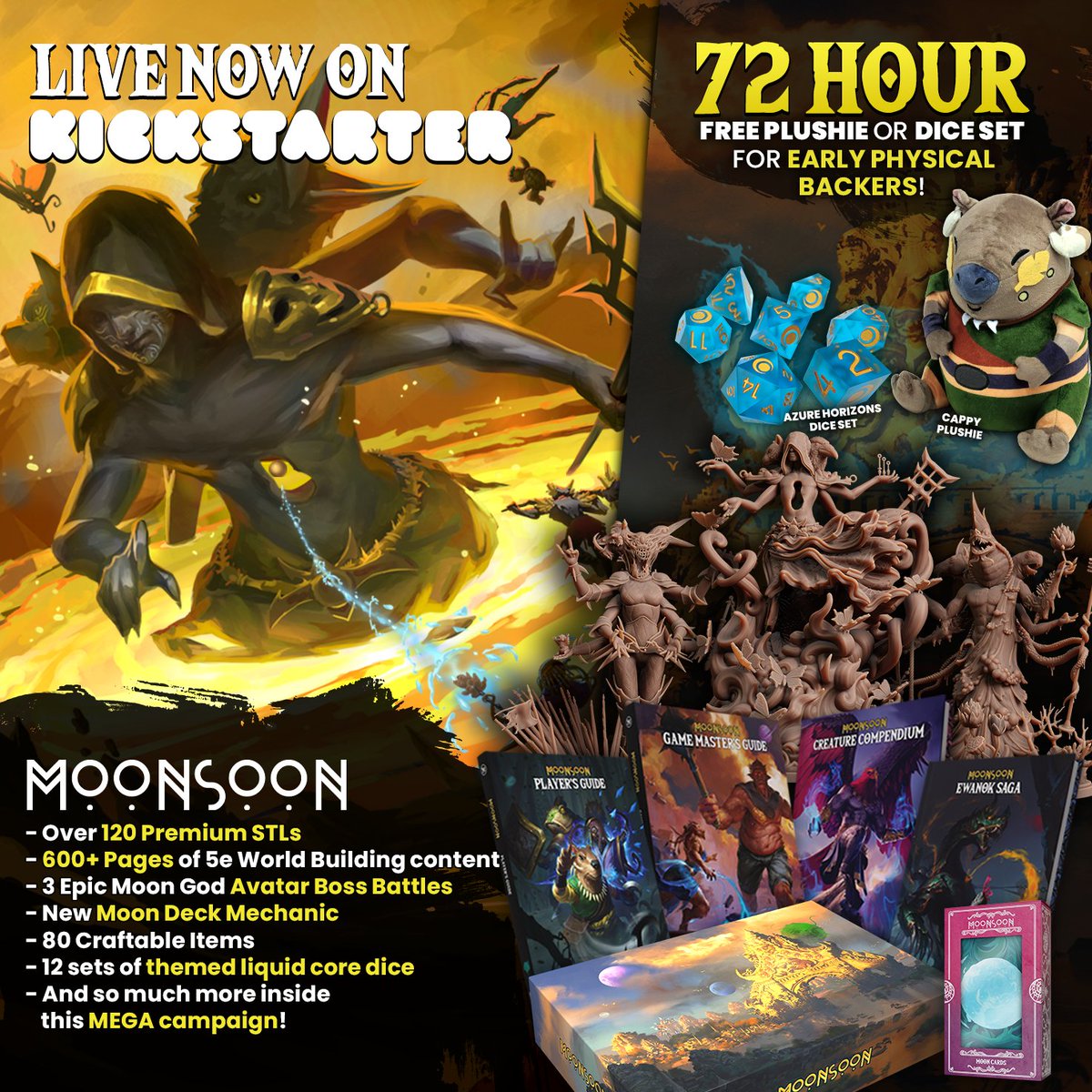 Folks, it's been a long time coming, but MOONSOON IS LIVE ON KICKSTARTER!  kck.st/3VBpN4A

Check out the Kickstarter now and grab your early bird rewards (plushie or dice for all physical backers, and both for the All-In tier!)