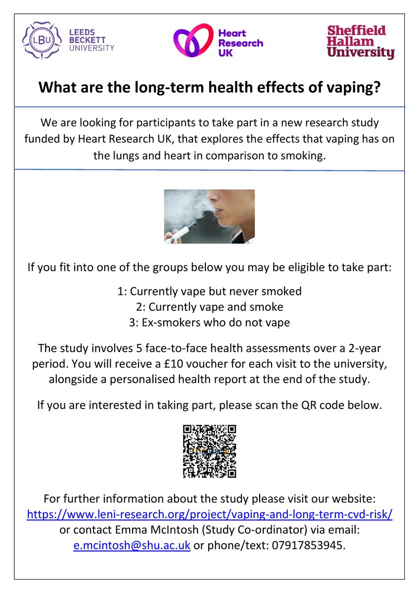Last couple of weeks! We are looking for 5 more #vapers in #Sheffield for an innovative study. Check the poster for details and then click the link to register your interest and know more about it: tinyurl.com/5n7str7c. Please share! #sheffieldissuper #ecigarettes #vaping