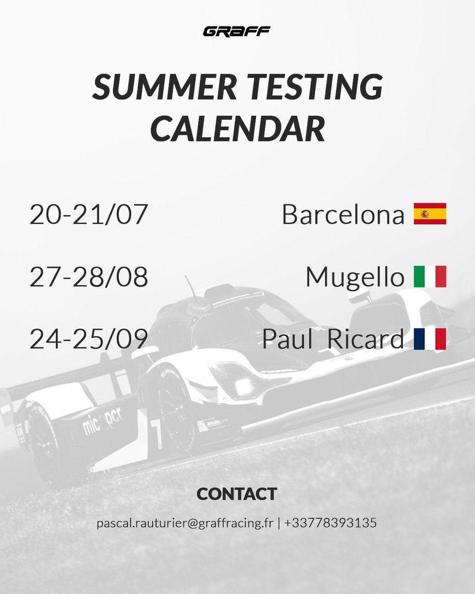 GraffRacing's tweet image. ☀️ Summer testing days

If you are looking for training opportunities or for an endurance programme in 2025, join our tests in NP02 on the best circuits in Europe!
_
#NP02  #Endurance #TestDays