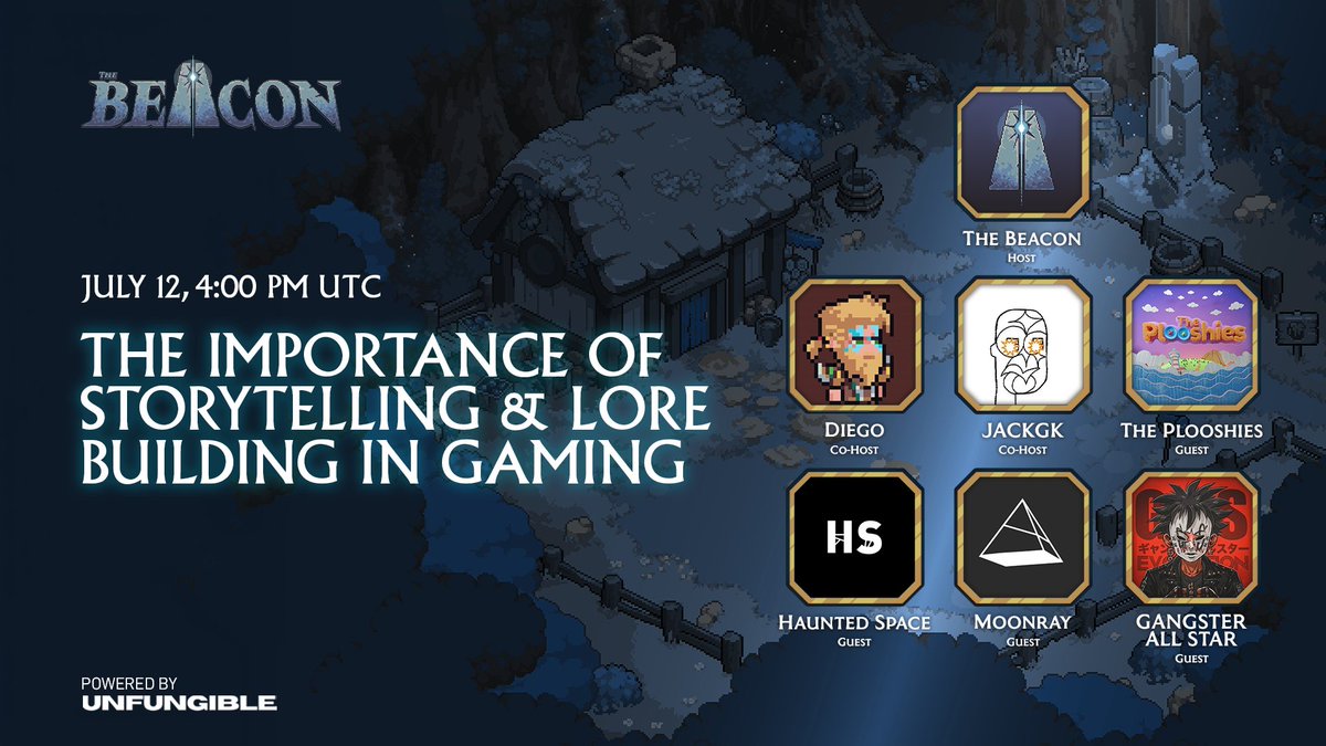 The Beacon (@the_beacon_gg) on Twitter photo The Importance of Storytelling & Lore Building in Gaming
Today at 4:00 PM UTC!
Co-hosts: <a href="/DiegoVidaurres/">Diego Vidaurre</a> & <a href="/JackGK_BTC/">JackGK</a>
Speakers: <a href="/gangsterallstar/">GANGSTER ALL โ
STAR ใฎใฃใณใฐใชใผใซในใฟใผ</a>, <a href="/ThePlooshies/">The Plooshies</a>, <a href="/HauntedSpace_/">Haunted Space๐บ</a>, <a href="/moonraygame/">Moonray.game</a>
Tune in and be part of the discussion!๐งโโ๏ธ
Powered by Unfungible
Reminder ๐ The Importance of Storytelling & Lore Building in Gaming
Today at 4:00 PM UTC!
Co-hosts: <a href="/DiegoVidaurres/">Diego Vidaurre</a> & <a href="/JackGK_BTC/">JackGK</a>
Speakers: <a href="/gangsterallstar/">GANGSTER ALL โ
STAR ใฎใฃใณใฐใชใผใซในใฟใผ</a>, <a href="/ThePlooshies/">The Plooshies</a>, <a href="/HauntedSpace_/">Haunted Space๐บ</a>, <a href="/moonraygame/">Moonray.game</a>
Tune in and be part of the discussion!๐งโโ๏ธ
Powered by Unfungible
Reminder ๐