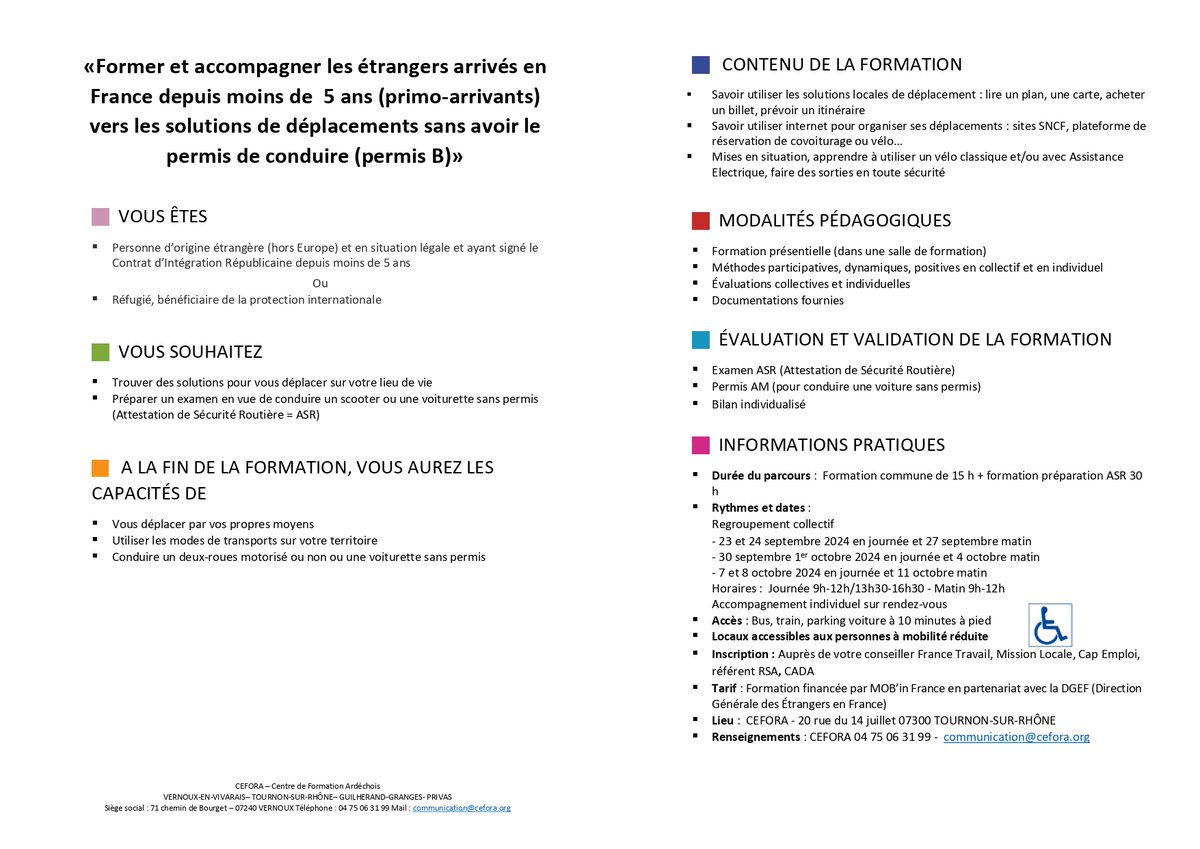 CEFORA07's tweet photo. A partir de septembre, nouvelle action à Cefora : #Intégramob pour former et accompagner les #primoarrivants, les #réfugiés et les bénéficiaires de la protection internationale vers des solutions de #mobilité sans avoir le permis B.
#formation #ardeche @MobIn_solutions https://t.co/089vvVgBSK