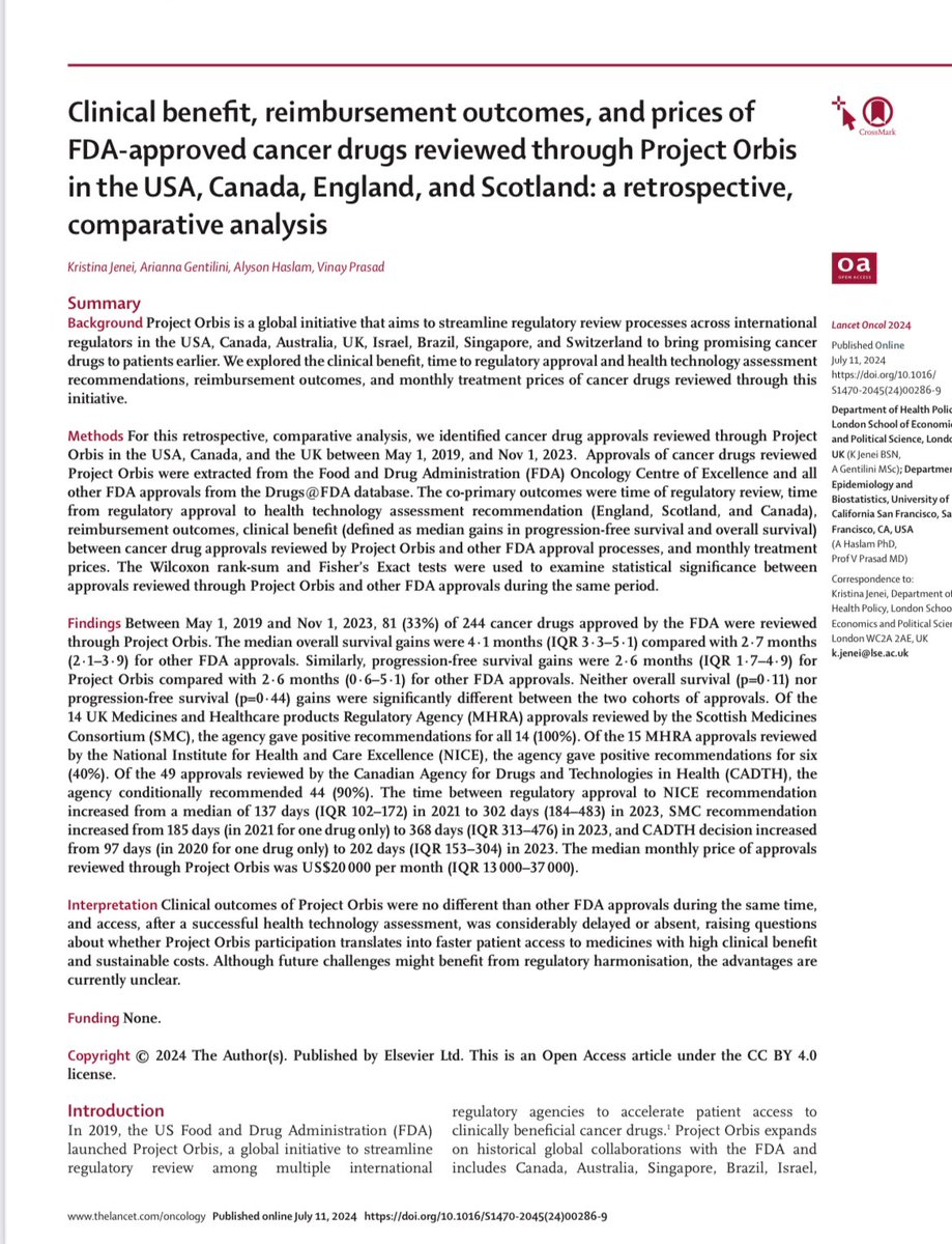 Kristina Jenei (@kjmeetswrld) on Twitter photo 🚨Our article out today in <a href="/TheLancetOncol/">The Lancet Oncology</a>
Are countries harmonizing up or down?
A 🧵
We examine the clinical benefit, #HTA review times, and prices of drugs reviewed through Project Orbis
Cc: <a href="/VPrasadMDMPH/">Vinay Prasad MD MPH</a> <a href="/agentilini_/">Arianna Gentilini</a> <a href="/AlysonHaslam/">Alyson Haslam</a> 🚨Our article out today in <a href="/TheLancetOncol/">The Lancet Oncology</a>
Are countries harmonizing up or down?
A 🧵
We examine the clinical benefit, #HTA review times, and prices of drugs reviewed through Project Orbis
Cc: <a href="/VPrasadMDMPH/">Vinay Prasad MD MPH</a> <a href="/agentilini_/">Arianna Gentilini</a> <a href="/AlysonHaslam/">Alyson Haslam</a>