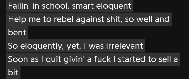 thetrucreative's tweet photo. Clever use of homophones in the last bar supported by Em's lack of givin a F. 

Sell a bit / Celibate

#TheDeathOfSlimShady https://t.co/o4wHaf4IHC