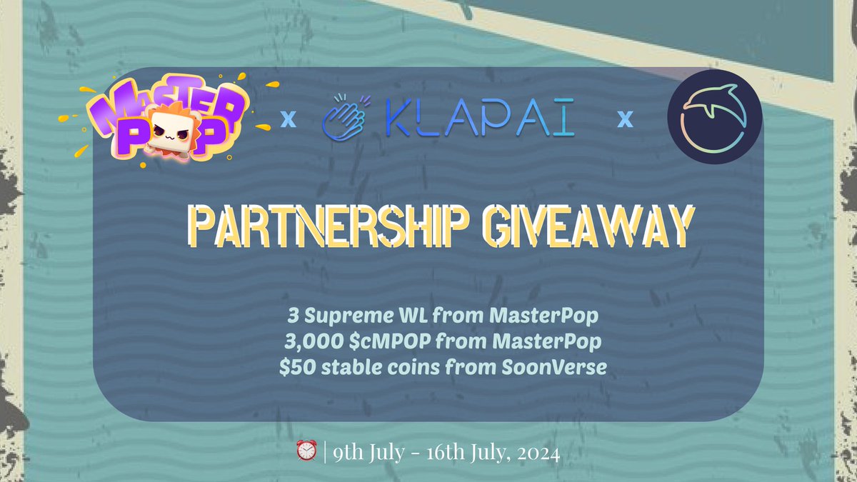 KlapAI (Formerly BitMetis) (@bitmetis) on Twitter photo 🔈Joint Big Giveaway Alert👏👏👏
<a href="/BitMetis/">KlapAI (Formerly BitMetis)</a> x <a href="/masterpopgame/">MasterPop 🟦</a> x <a href="/soon_verse/">soon_verse</a>
⏰9th July - 16th July, 2024
🎁Prize Pool
+ 3 Supreme WL from MasterPop
+ 3,000 $cMPOP from MasterPop
+ $50 stable coins from SoonVerse
👇Finish easy tasks to join the raffle
klapai.io/bounty-detail/… 🔈Joint Big Giveaway Alert👏👏👏
<a href="/BitMetis/">KlapAI (Formerly BitMetis)</a> x <a href="/masterpopgame/">MasterPop 🟦</a> x <a href="/soon_verse/">soon_verse</a>
⏰9th July - 16th July, 2024
🎁Prize Pool
+ 3 Supreme WL from MasterPop
+ 3,000 $cMPOP from MasterPop
+ $50 stable coins from SoonVerse
👇Finish easy tasks to join the raffle
klapai.io/bounty-detail/…