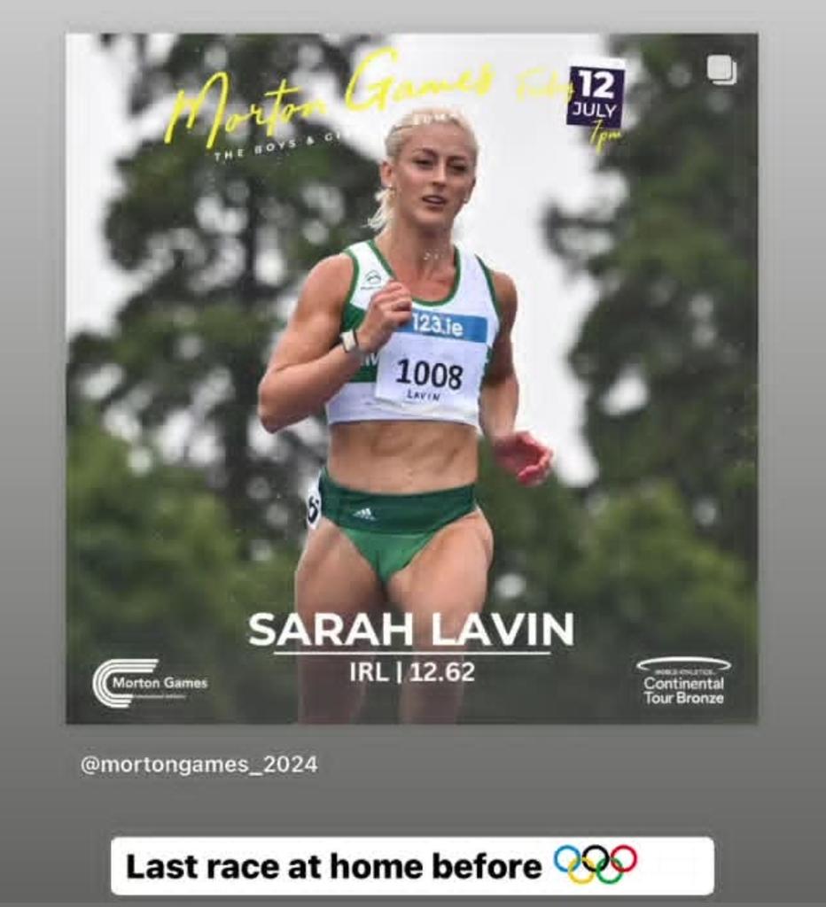 Best of luck to <a href="/sarahlavin_/">Sarah Lavin</a> who runs at the <a href="/MortonGames/">Morton Games</a> tonight in Dublin. Her last race at home before <a href="/Paris2024/">Paris 2024</a>