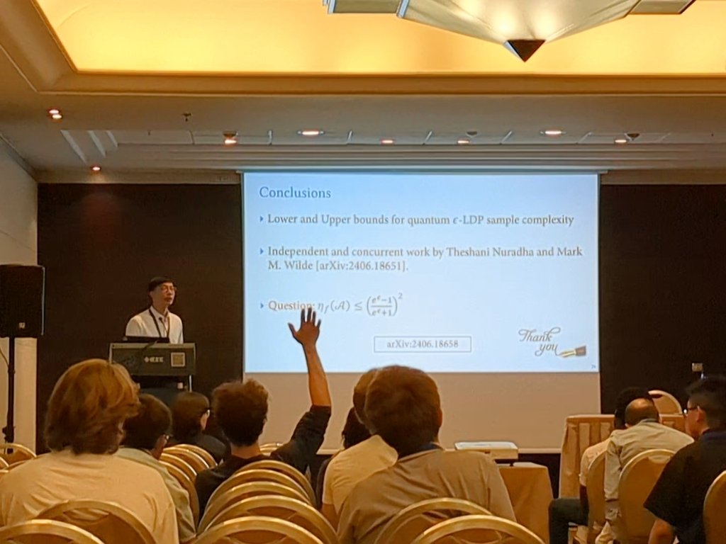 Final day of ISIT: Thanks to Hao-Chung for presenting our work on differentially private quantum hypothesis testing!