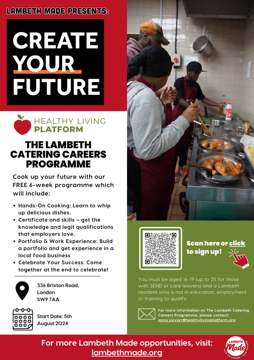 Do you have a passion for food or are interested in going into the catering industry?
Then this is the perfect course for you!
<a href="/LambethMade/">LambethMade</a> and Healthy Living Platform have teamed up to deliver the Lambeth Catering Careers Programme to get you that head start.
Link in bio to reg