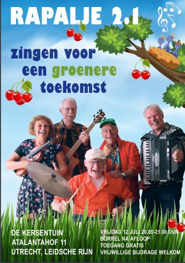 Vanavond 12 juli een optreden van Rapalje. Projecthuis De Kersentuin, van 20 tot 21 uur. Toegang is gratis, welkom!