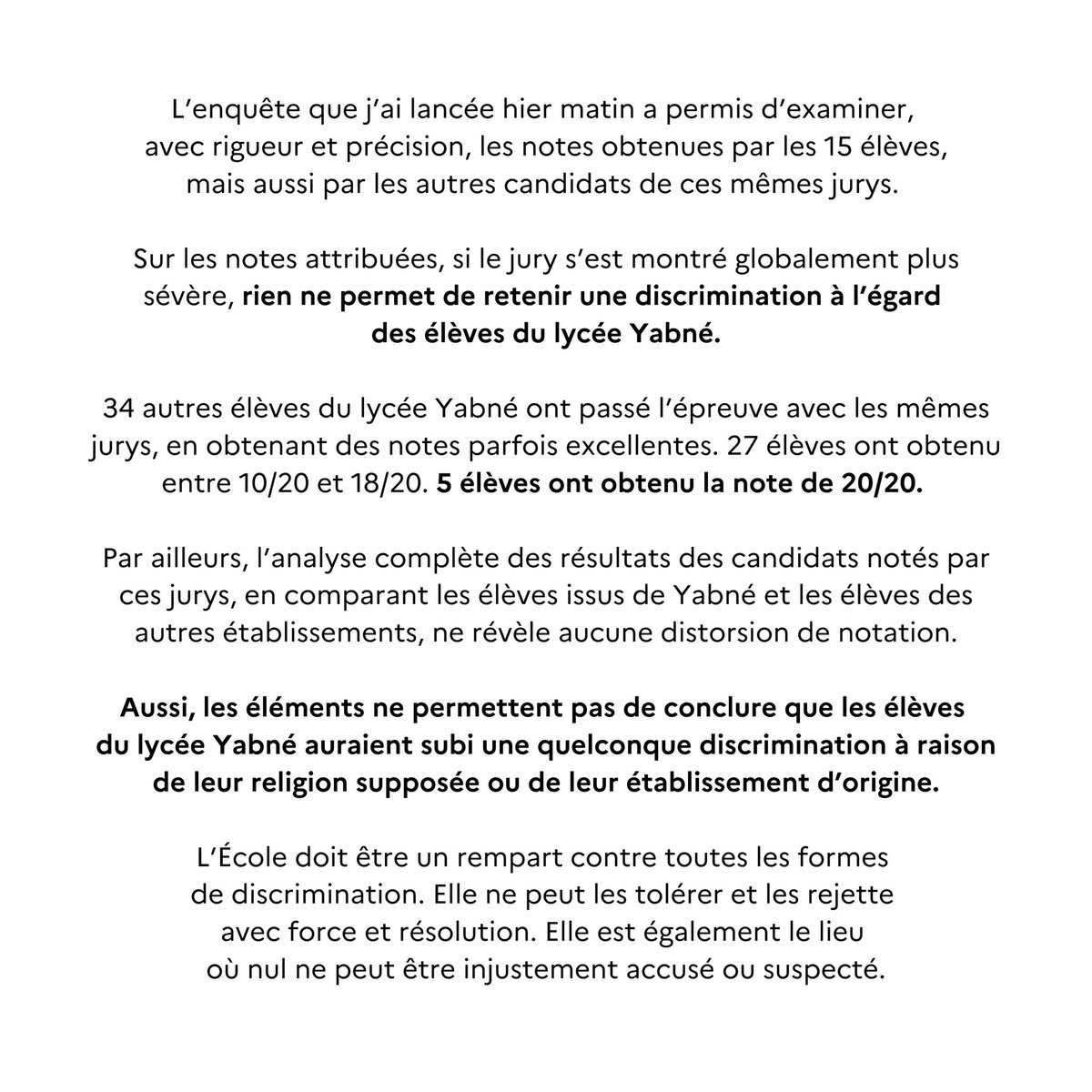 L’enquête conclut que les élèves du lycée Yabné n’ont pas subi de discrimination. Notre École et ses personnels méritent la vérité :
