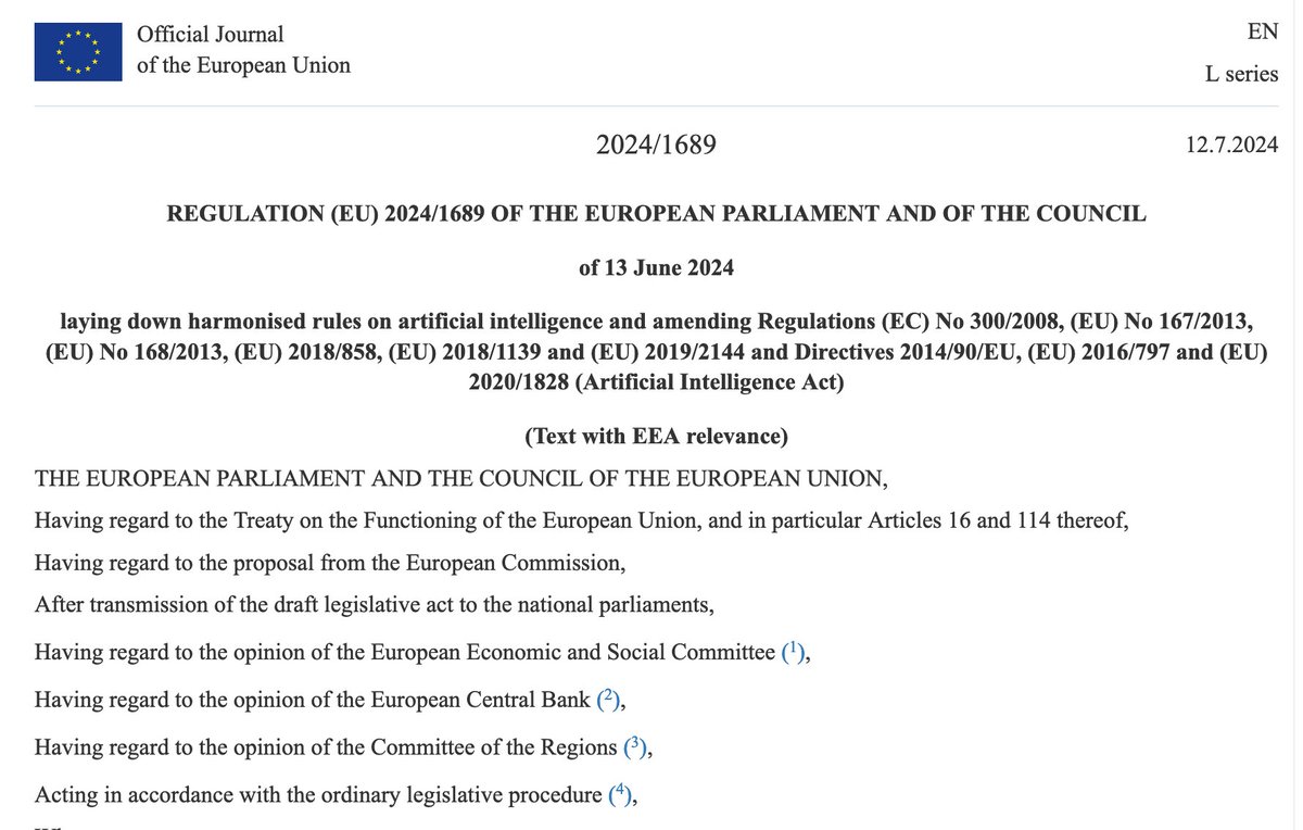 The EU AI Act has now been published in the Official Journal. Full implementation will be in 24 months. eur-lex.europa.eu/legal-content/…
