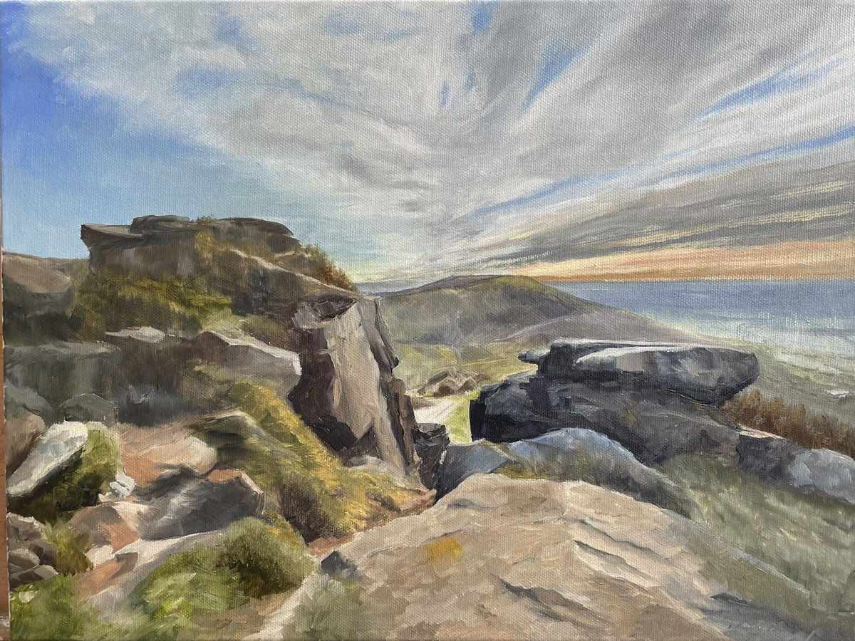 dumbandirty's tweet photo. The Wainstones Coast to Coast. 

A second version, this time with brush rather than palette knife. Oil on canvas 12”x16”

#oilpainting #northyorkshire #sunset #CoastToCoast #Art https://t.co/ctSGGBSjnS