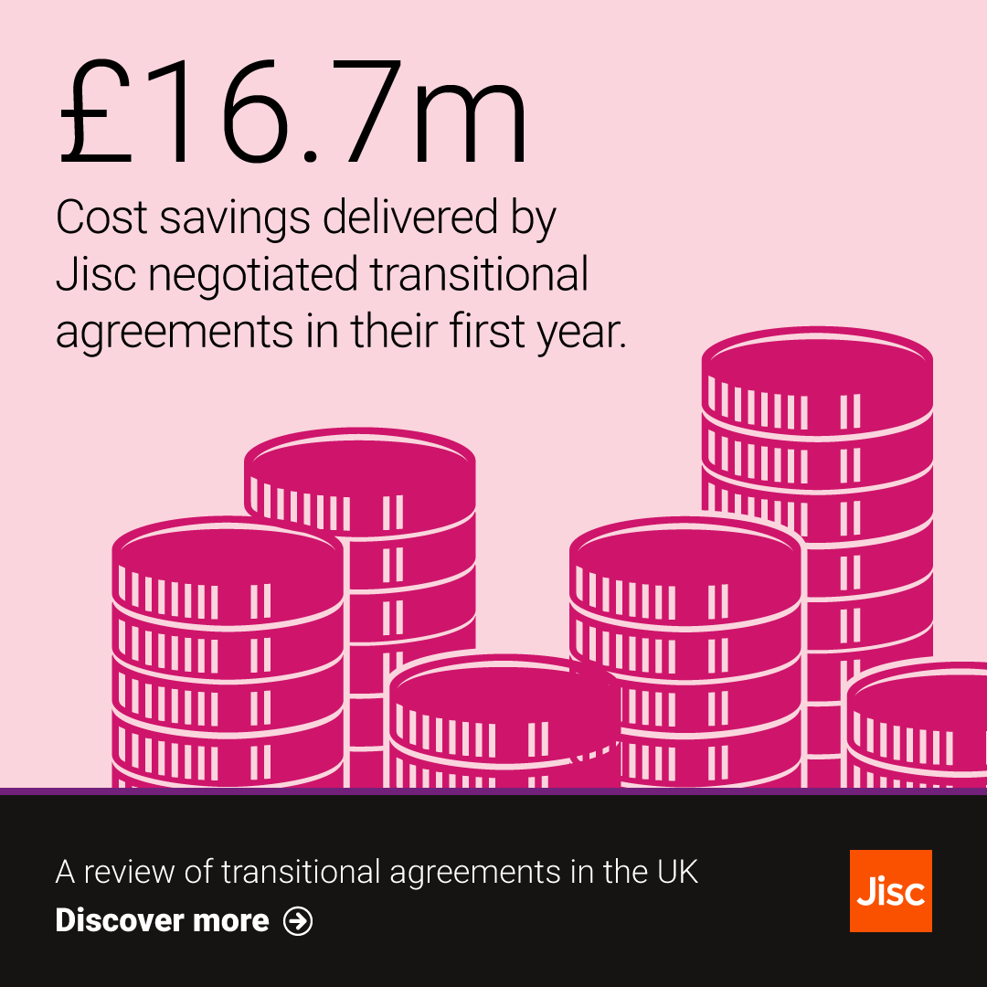 Jisc's tweet photo. Transitional agreements saved organisations a huge amount of money in the first year. But where do we go from here? -> https://t.co/W8PZlnlzBr https://t.co/djuOpPN9ZX