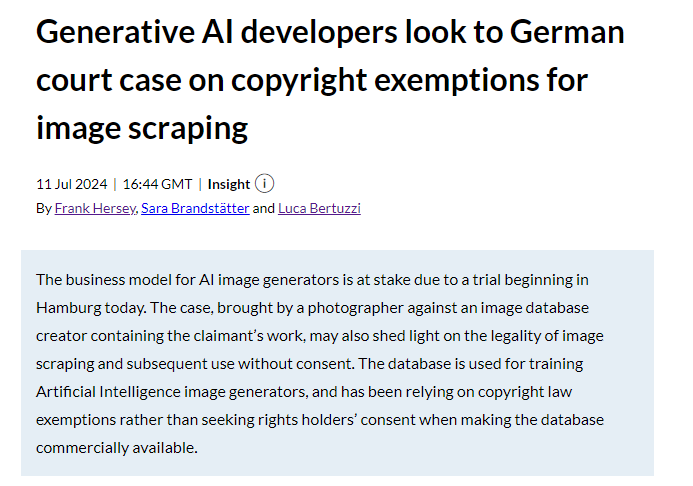 The relationship between generative #AI and copyright is still a legal grey area, so court cases will be critical in defining it. One of the first ones in Europe on the legality of image scraping started in Hamburg yesterday. Great reporting by <a href="/frankhersey/">Frank Hersey</a> &amp; <a href="/SBrandstaetter_/">Sara Brandstätter</a>.