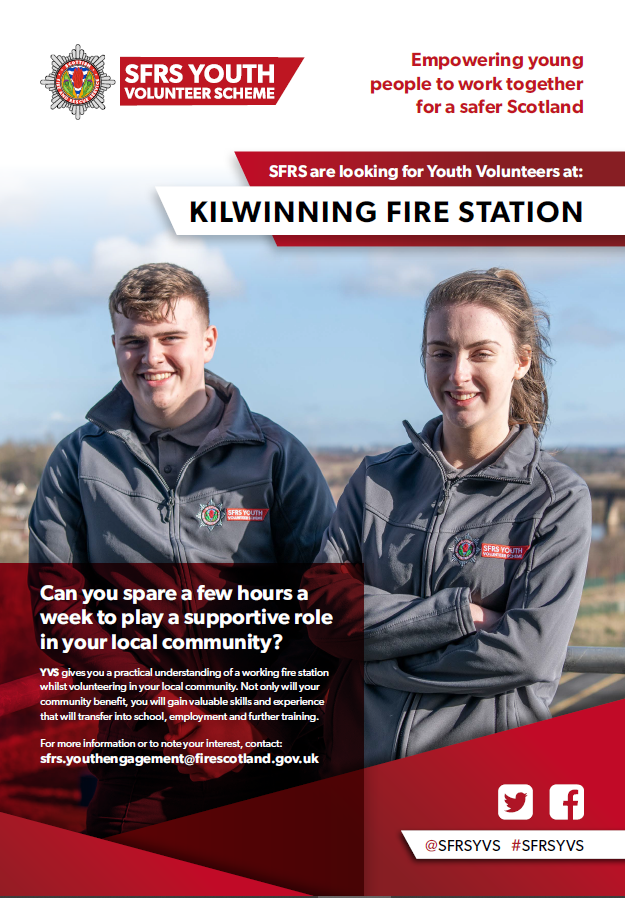 Kilwinning Youth Volunteer Scheme (YVS) is recruiting... 
Our YVS is a national
initiative that creates opportunities for young
people aged 12-18 to work together for a safer
Scotland.
The YVS aims to provide a safe, welcoming and
enjoyable environment for young people to learn.