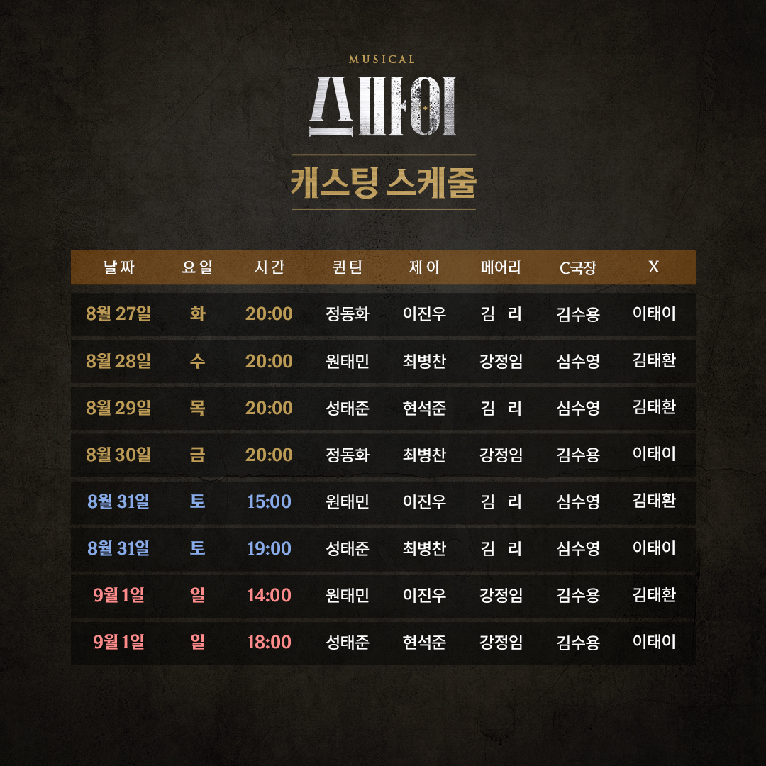 [#뮤지컬스파이]
📖 본공연 #1차티켓오픈 #캐스팅스케줄 안내
✒티켓오픈 | 7/15(월)오후3시
✒오픈기간 | 8/13(화)~9/1(일)
✒예매처 | 인터파크 m.site.naver.com/1psj9
_
𝐌𝐔𝐒𝐈𝐂𝐀𝐋 𝐒𝐏𝐘
𝟐𝟎𝟐𝟒.𝟎𝟖.𝟎𝟔.-𝟏𝟎.𝟐𝟕.
동국대학교 이해랑예술극장
-
#MUSICAL_SPY #뮤지컬 #스파이