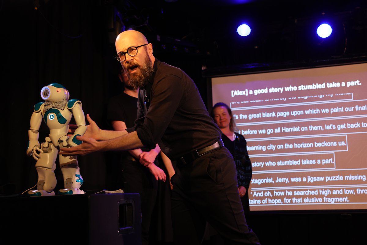 How does a robot do improv?
Our human improvisers are all mic'd up. A.L.E.X (our improv robot) takes everything the improviser says and fires backs lot's of different responses. Then one of those responses is used in the scene.
If it still doesn't make sense then pop along to one