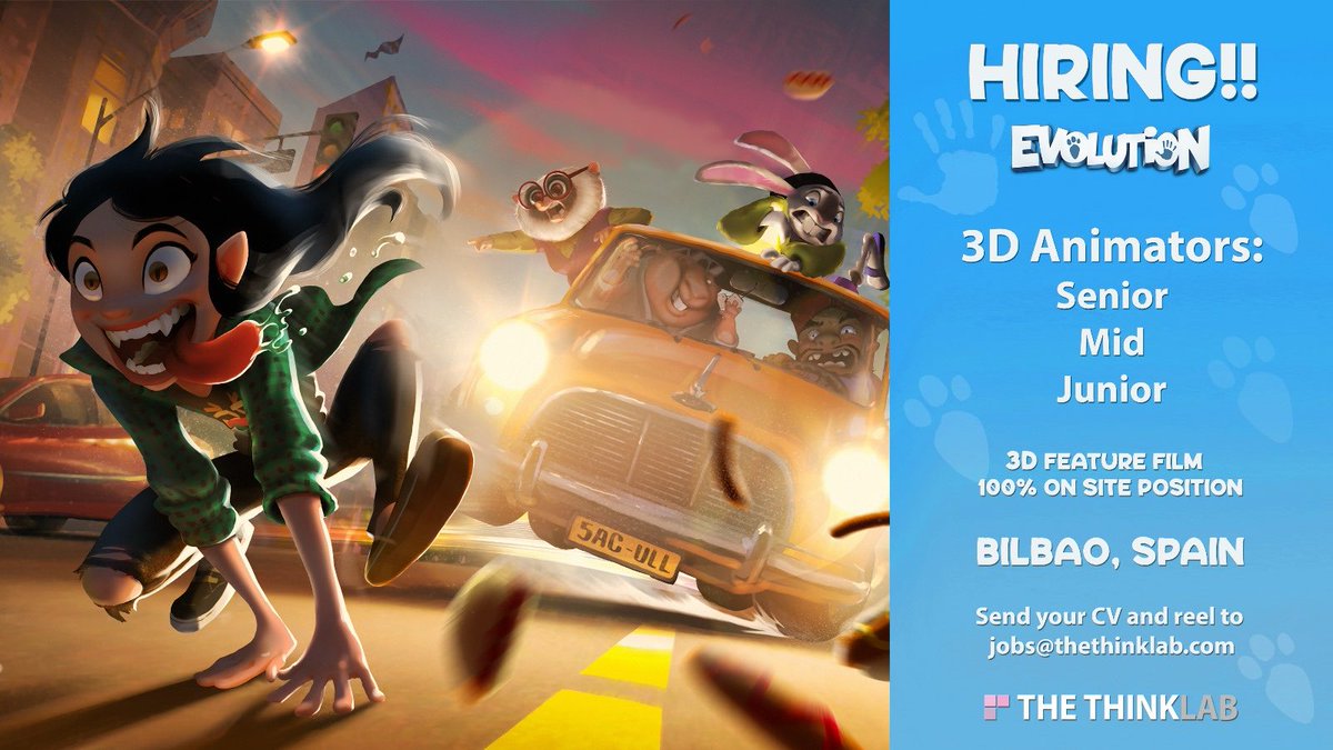 thethinklab's tweet image. WE'RE HIRING! 📢🚨

Apply now to join our team for our next 3D animated feature "Evolution" (mandatory 100% on site position in Bilbao, Spain).

We are looking for 3D animators 🖥 . You need to have a work permit for the EU.

📥 Send your CV and reel to jobs@thethinklab.com