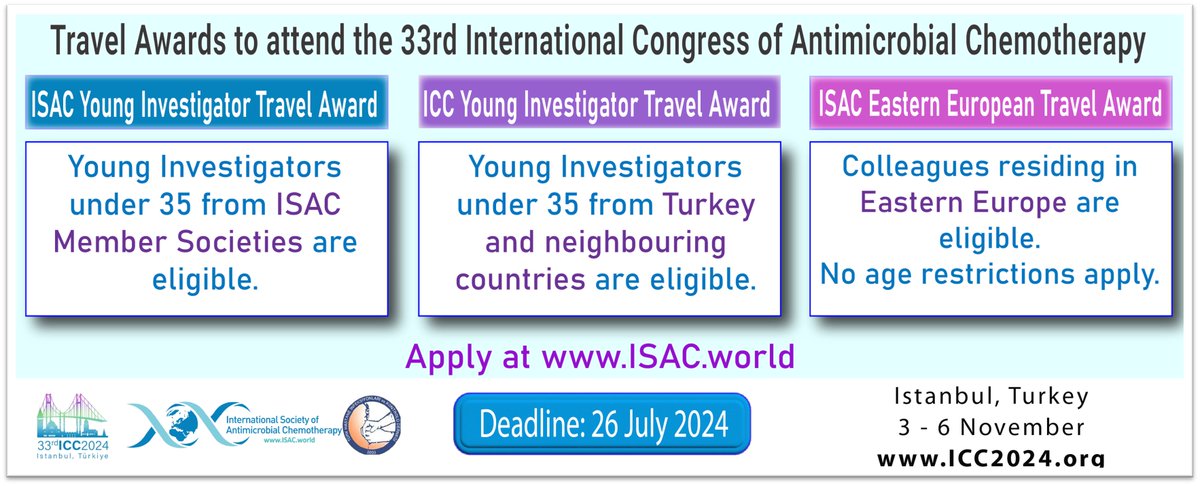 🌟2 weeks to apply for travel awards🌟

The deadline to apply for travel grants to attend the 33rd International Congress of Antimicrobial Chemotherapy (#ICC2024) is fast approaching! 

📅Deadline: 26 July
Hope to see you in Istanbul 🇹🇷
Icc2024.org
#IDXposts #AMR