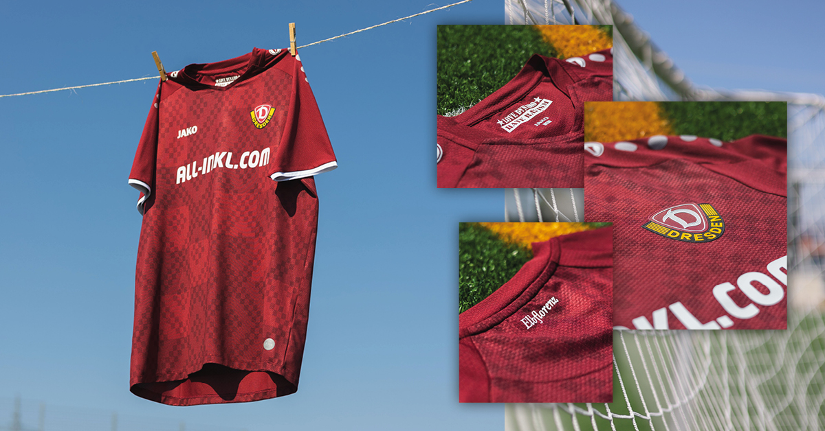 Klassisch in Weinrot: Das Ausweichtrikot der <a href="/DynamoDresden/">SG Dynamo Dresden</a> 
Das Muster des weltberühmten „Fürstenzuges“ schmückt das gesamte Design.
jako.com/Dynamo24Auswei…
