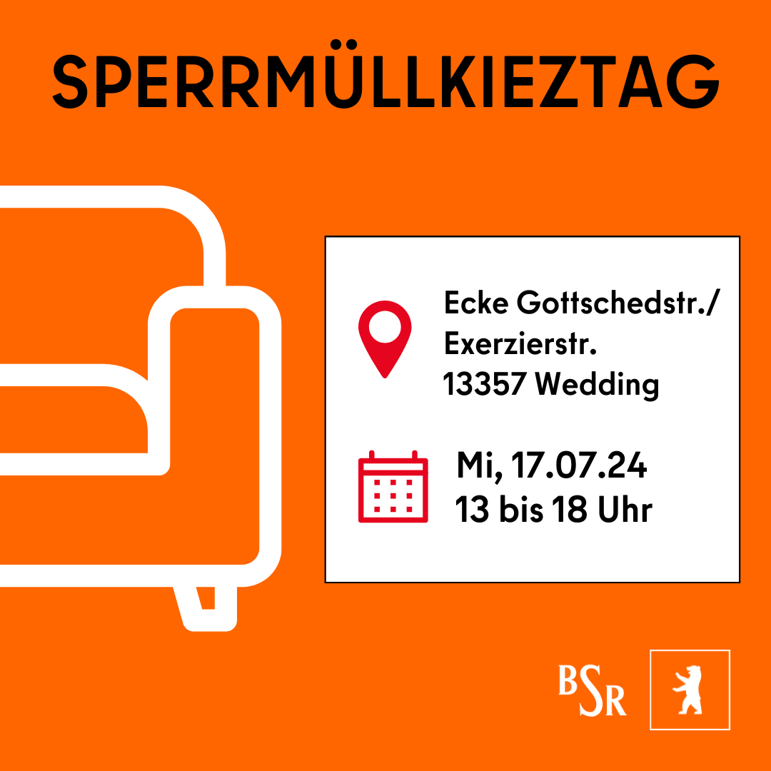 Am Mittwoch ist es wieder soweit! Von 13 – 18 Uhr könnt ihr an der Ecke Gottschedstr. / Exerzierstr. eure alten Teppiche, Möbel oder Matratzen loswerden. Vor Ort wird ein Sammelfahrzeug der <a href="/BSR_de/">Berliner Stadtreinigung (BSR)</a> kostenlos euren Sperrmüll entgegennehmen. Mehr Infos ➡️ t1p.de/wfxi9