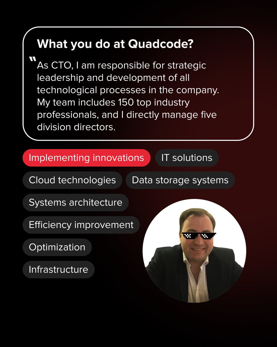 Quadcode_Career's tweet image. 👋 Say hello to Yuriy Zorin, our remarkable CTO at Quadcode!
🔥 We recently sat down with Yuriy to chat about his daily responsibilities, the latest trends in fintech, and what inspires him at work.
#quadcode_team #quadcode_life #quadcoders #meettheteam