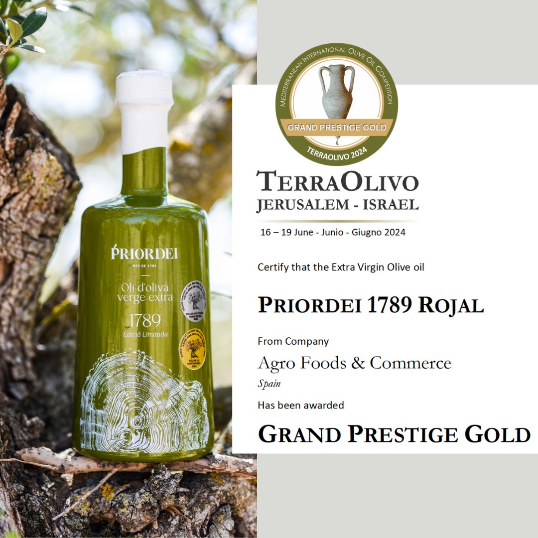 El nostre Rojal 1789 ha estat guardonat amb el Grand Prestige Gold del prestigiós TerraOlivo IOOC🏆 

Aquest reconeixement és fruit del treball, la passió i el compromís amb la qualitat que ens defineix.

Junts, celebrem aquest assoliment en el nostre camí cap a l'excel·lència!