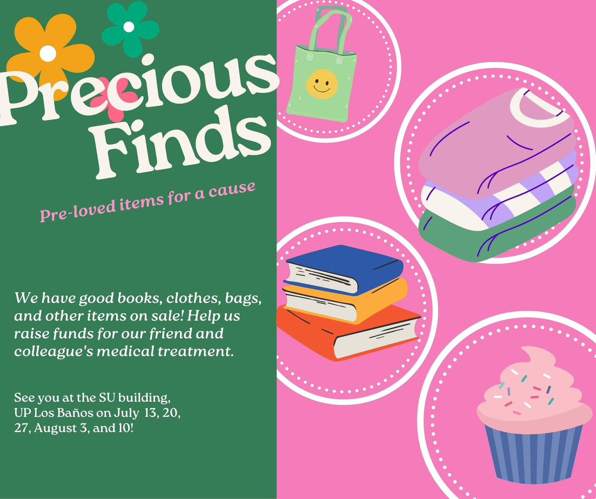 📍SU Bldg. every Saturday morning!

DHUM will be holding their GARAGE SALE FOR A CAUSE at SU Bldg. from July 15 to August 10. Our precious colleague, Prei Añoso, is currently undergoing chemotherapy.

Find a precious item, help a precious colleague!