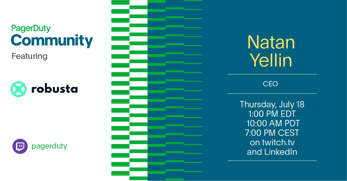 PagerDuty (@pagerduty) on Twitter photo ๐บ NEXT WEEK: Natan Yellin (<a href="/aantn/">Natan Yellin</a>), CEO of <a href="/RobustaDev/">Robusta.dev</a>, joins #PagerDutyCommunity to discuss how PagerDuty and Robusta can work together to effectively manage incidents in your Kubernetes environments.
LinkedIn Live โก๏ธ bit.ly/45Yzc9W
Twitch โก๏ธ bit.ly/3TeMw29 ๐บ NEXT WEEK: Natan Yellin (<a href="/aantn/">Natan Yellin</a>), CEO of <a href="/RobustaDev/">Robusta.dev</a>, joins #PagerDutyCommunity to discuss how PagerDuty and Robusta can work together to effectively manage incidents in your Kubernetes environments.
LinkedIn Live โก๏ธ bit.ly/45Yzc9W
Twitch โก๏ธ bit.ly/3TeMw29