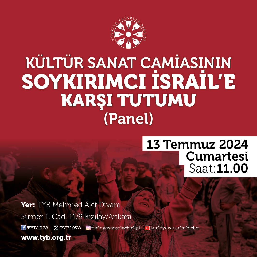 Kültür sanat dünyasının “Gazze sınavı” panelde konuşulacak

Türkiye Yazarlar Birliği, Türkiye’de ve dünyada, “Kültür Sanat Camiasının Soykırımcı İsrail’e Karşı Tutumu” konulu panel düzenleyecek.

👉tyb.org.tr/kultur-sanat-d…