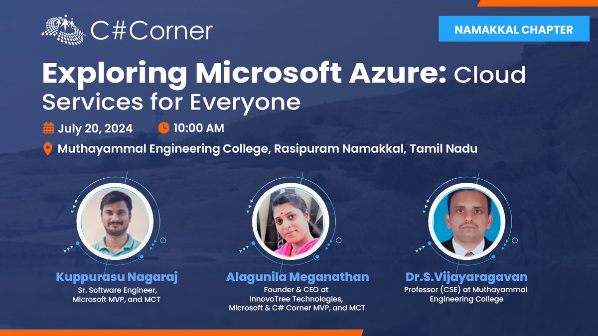 Explore Microsoft Azure Cloud Services with us on July 20 at <a href="/CsharpCorner/">C# Corner</a>  Namakkal Chapter Meet. See you there!

Register now: tinyurl.com/2p5j5pxd

#CSharpCorner #Azure #Cloud #CloudServices #ChapterMeet #TechEvent #CloudTech #TechMeetup