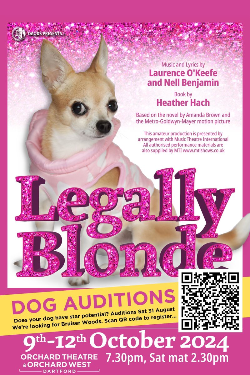 dartfordliving's tweet image. Could your dog be a star? DAODS are on the hunt for a Bruiser Woods &amp;amp; a Rufus to star in Legally Blonde this October.  Auditions will be held at Orchard West on Sat 31 August 10am – 2pm. For more information &amp;amp; to register go to: buff.ly/4cypk9z