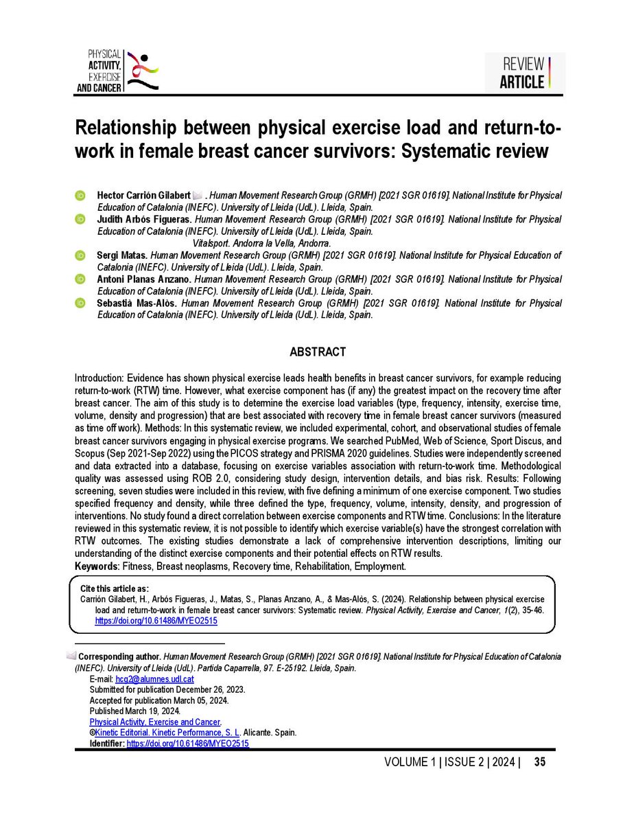 Carrión Gilabert, H., Arbós Figueras, J., Matas, S., Anzano, A., &amp; Mas-Alòs, S. (2024). Relationship between physical exercise load and return-to-work in female breast cancer survivors: Systematic review. PAEC, 1(2), 35–46. doi.org/10.61486/MYEO2…