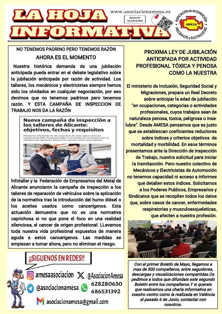 AsociacionAmesa's tweet photo. Segundo Boletín #Lahoja #informativa donde actualizamos las noticias sobre la #jubilacion anticipada por razones de actividad para los #mecanicos de #camiones y #autobuses https://t.co/bSheHgqF03