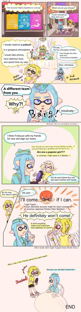 twlulucreate's tweet photo. A conversation about Splatfest between main account's Inkling and secondary account's Inkling.
Read Left → Right
#Splatoon3 #Splatooncomic #splatoonoc #Splatfest https://t.co/dJkfSFiPXH
