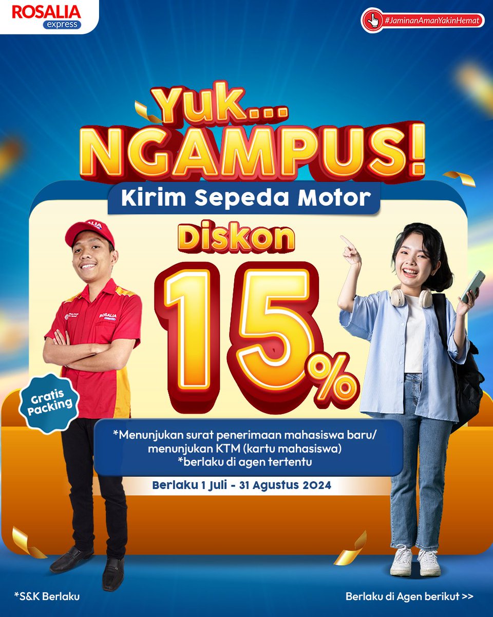 rosalia_express's tweet photo. Promo Yuk Ngampus bagi Mahasiswa di seluruh Pulau Jawa. Kirim motor lebih hemat hanya dengan menunjukan Kartu Mahasiswa kalian. Yuk kirim Motor melalui Rosalia Express dan gunakan Proomonya yah
#Mahasiswa #Promo #JaminanAmanYakinHemat #RosaliaIndah #RosaliaExpress https://t.co/oorJBuO6lv