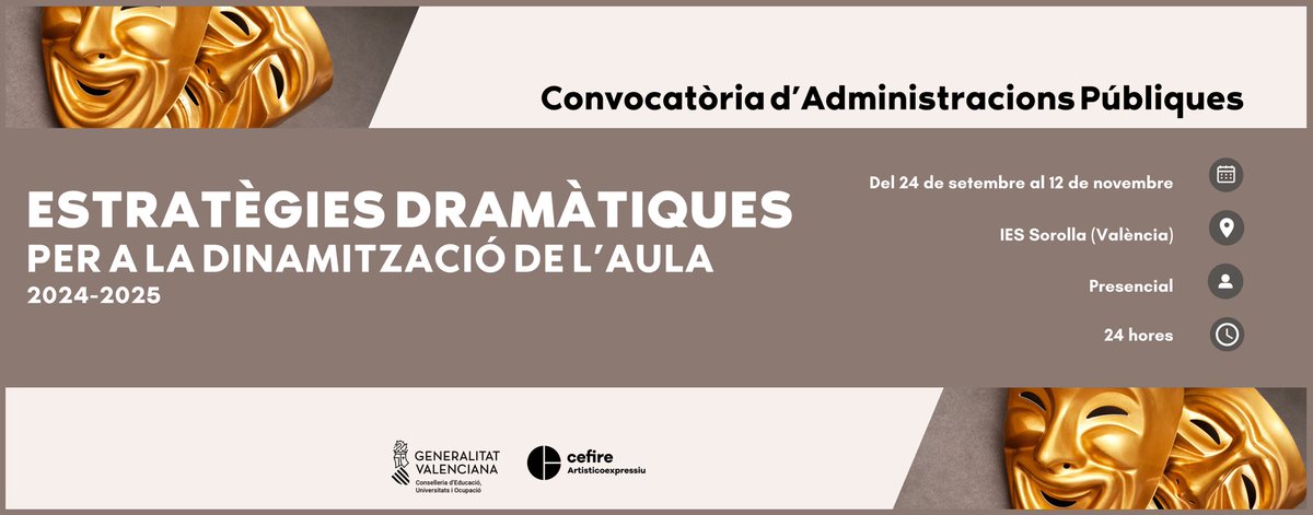 💥🔊 En inscripció el taller de la Convocatòria d’Administracions Públiques: “Estratègies dramàtiques per a la dinamització de l’aula”
 
✍🏻 Oberta fins el 9 de setembre

📆 24 de setembre al 12 de novembre
📍IES Sorolla. València
⌛ 24 h.
 
➕ℹ️ i ✍🏻👇🏻
🔗 cefire.edu.gva.es/sfp/index.php?…